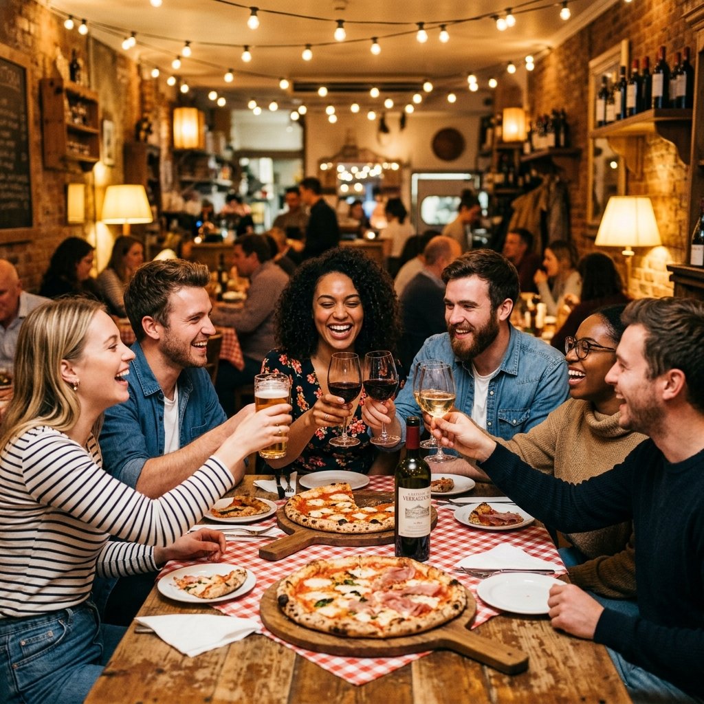 Gruppo di amici felici a cena in Pizzeria